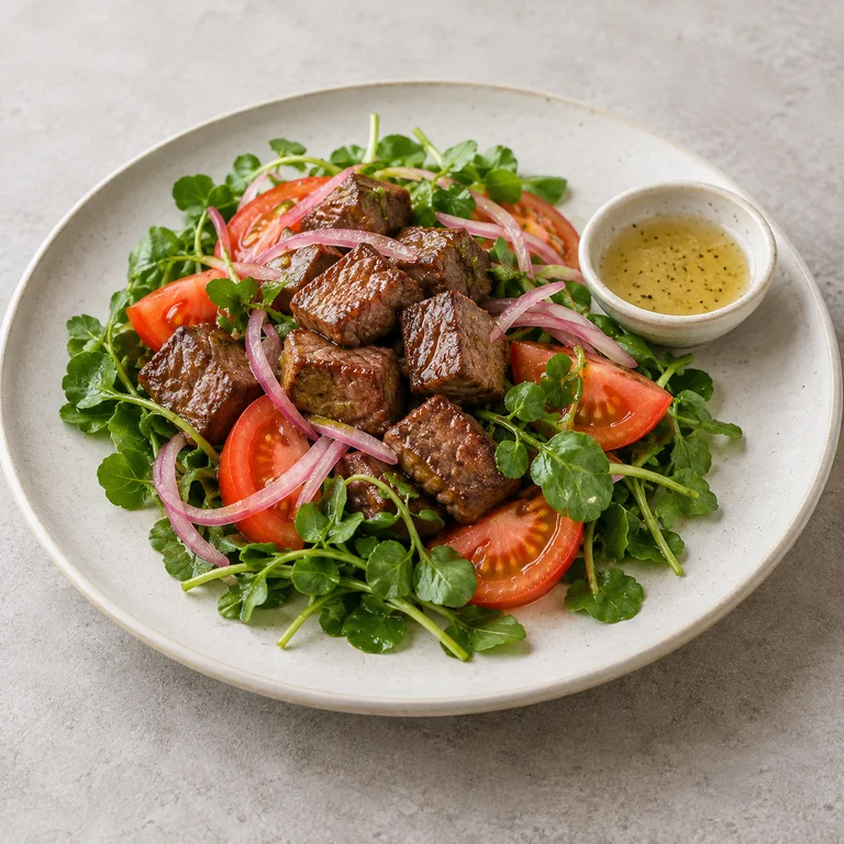 Cubes de bœuf saisis sur du cresson, des tomates et de l'oignon rouge, avec une coupelle de sauce au citron vert