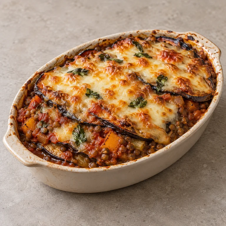 Gratin d'aubergines et de lentilles doré à la mozzarella, avec des feuilles de basilic, dans un plat ovale