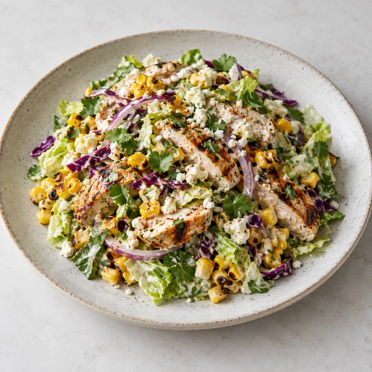 Salade de romaine, chou rouge et maïs grillé, garnie de poulet tranché, de fromage émietté et de coriandre