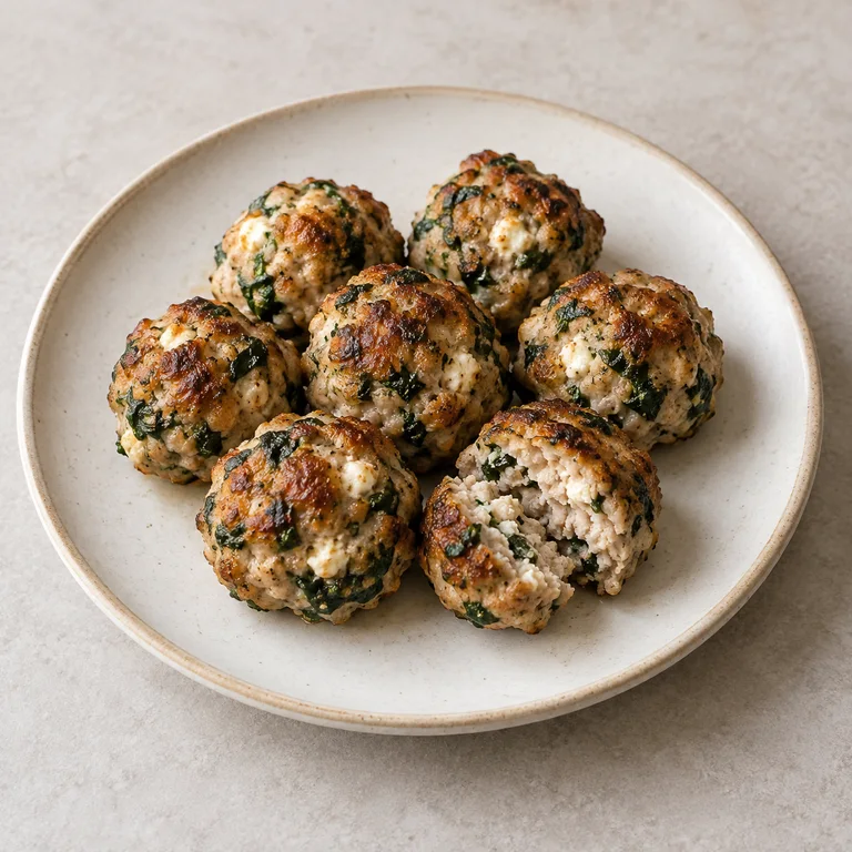 Boulettes de dinde dorées, marbrées d'épinards et de feta, dans une assiette blanche