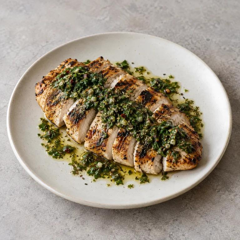 Blanc de poulet grillé et tranché, nappé de chimichurri vert, sur une assiette blanche