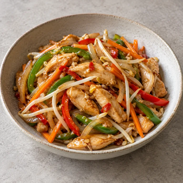 Lanières de poulet sautées avec poivrons, carotte et pousses de soja dans un bol creux