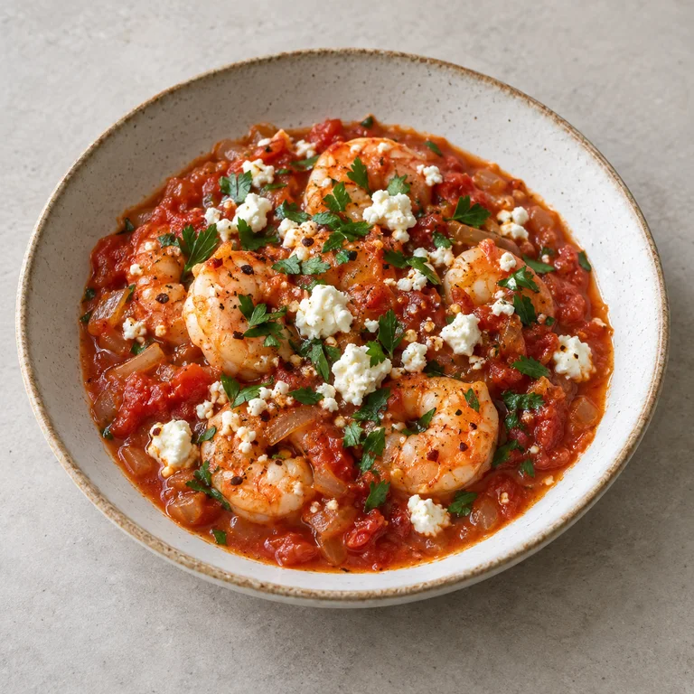 Crevettes dans une sauce tomate, parsemées de feta émiettée et de persil, servies dans une assiette creuse
