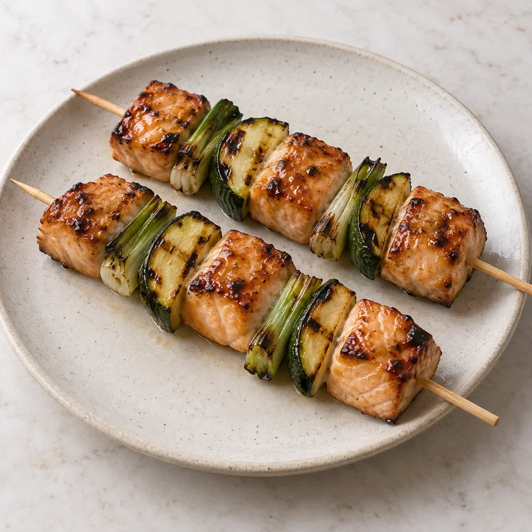 Deux brochettes de saumon laqué au miso, de courgette et de cébette grillées, sur une assiette claire