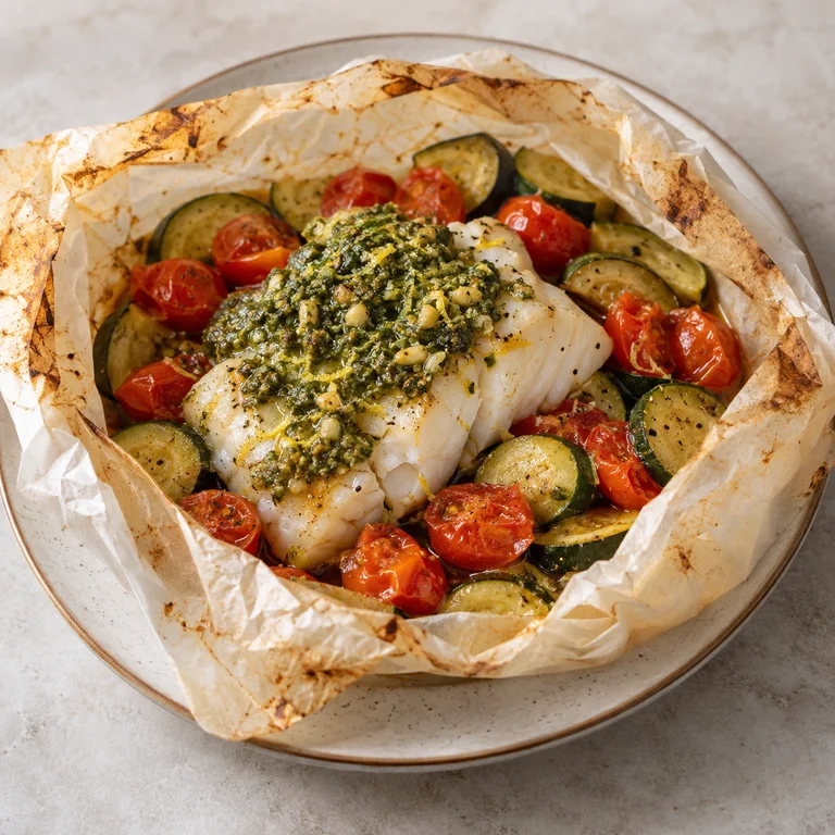 Filet de poisson nappé de pesto sur des rondelles de courgette et des tomates cerises, dans sa papillote ouverte